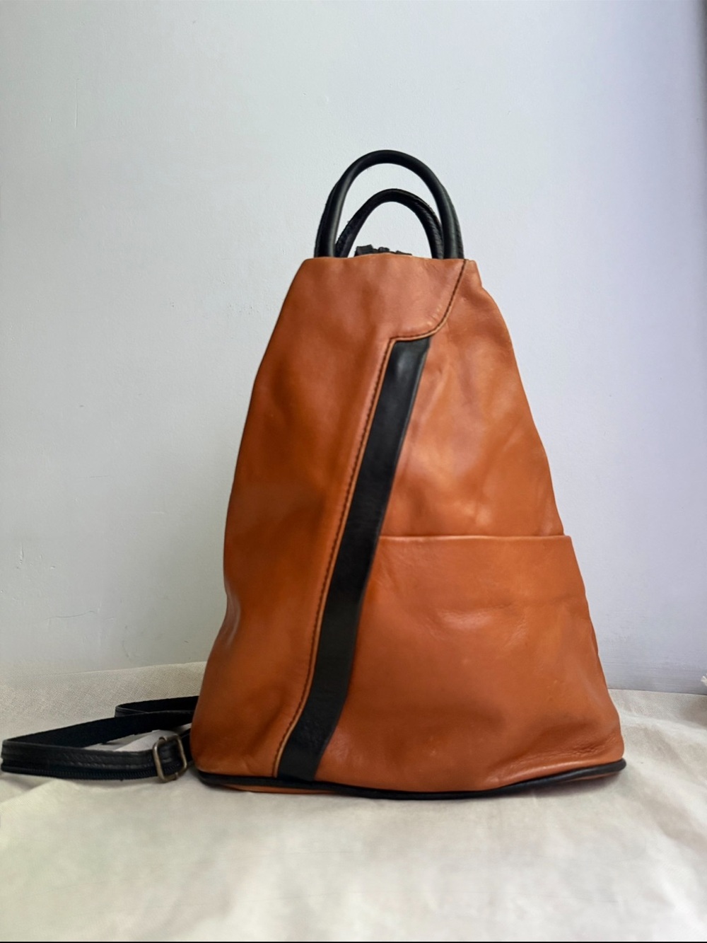 Leather Sling Backpack Brown Minimalist Multi Zip Distressed Crossbody Bag